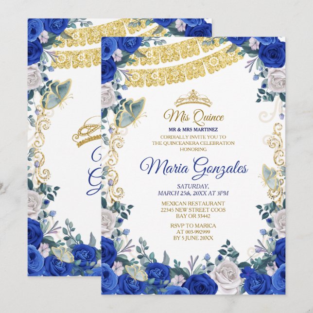 Invitación Quinceañera azul real Chica mexicana 15 cumpleaños (Anverso / Reverso)