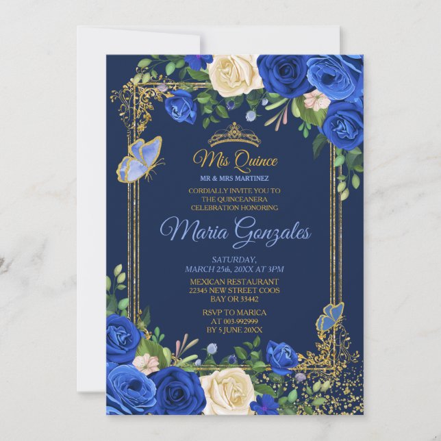 Invitación Quinceañera azul real Chica mexicana 15 cumpleaños (Anverso)