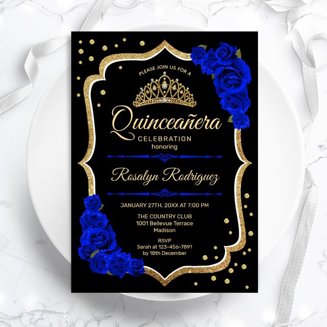 Invitación Quinceanera - Azul real de oro negro (Subido por el creador)