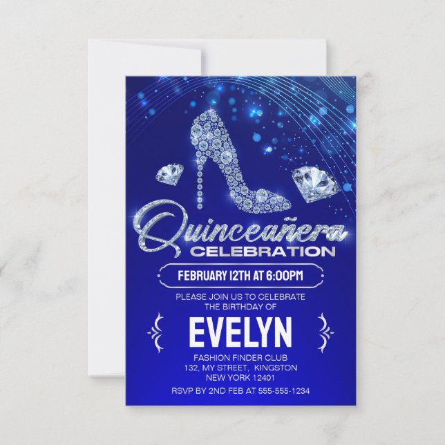Invitación Quinceanera azul real esparce Diamond Birday (Anverso)