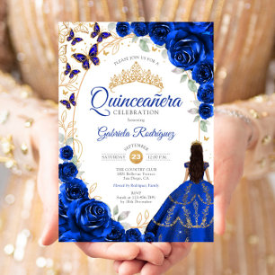 Invitación Quinceañera Azul Real Floral Dorado