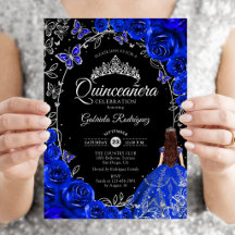 Quinceañera Azul Real Floral Plateado