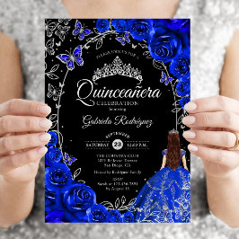 Invitación Quinceañera Azul Real Floral Plateado