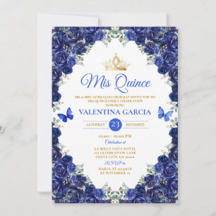 Invitación Quinceañera Azul Real Flores Corona Dorada 15 Años