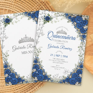 Invitación Quinceañera Azul Real Mariposas Plateadas