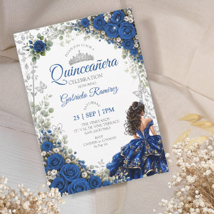 Invitación Quinceañera Azul Real Mariposas Plateadas
