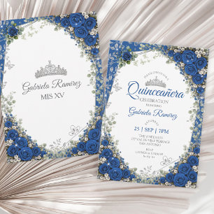 Invitación Quinceañera Azul Real Mariposas Plateadas