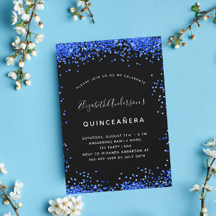Invitación Quinceanera azul real negro brillante fiesta