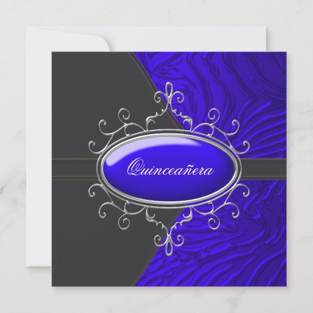 Invitación Quinceañera Azul Real Negro Cebra (Anverso)