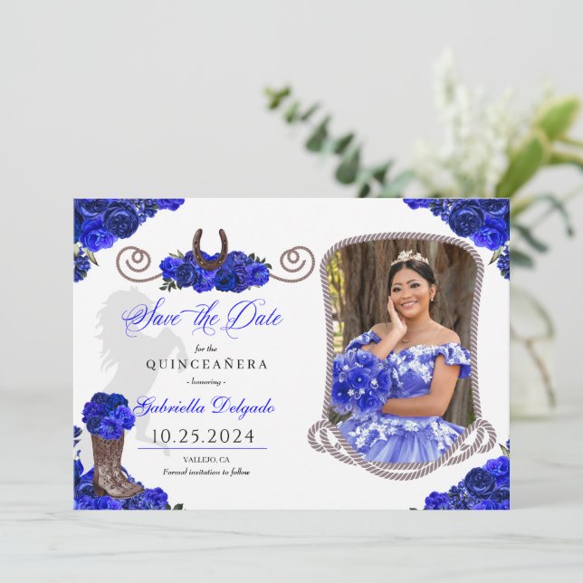 Invitación Quinceañera Azul Real Occidental Salve La Foto De  (Anverso de pie)