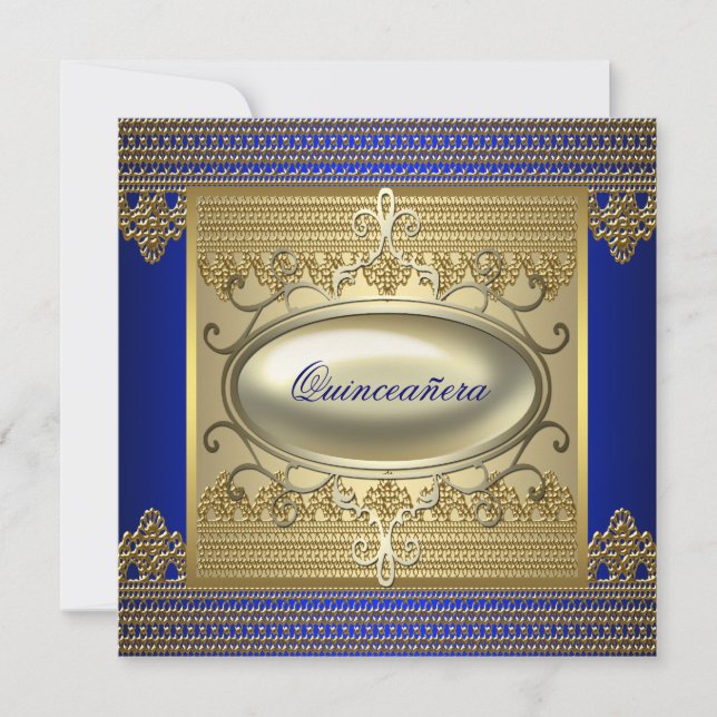 Invitación Quinceañera azul real oro (Anverso)