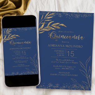 Invitación Quinceañera Azul Real y Hoja Dorada Elegante