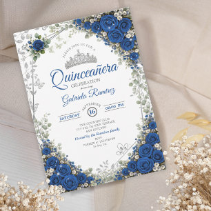 Invitación Quinceañera Azul Real y Plata Rosas Azules