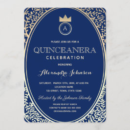 Invitación Quinceañera Azul Real y Princesa Dorada Monograma