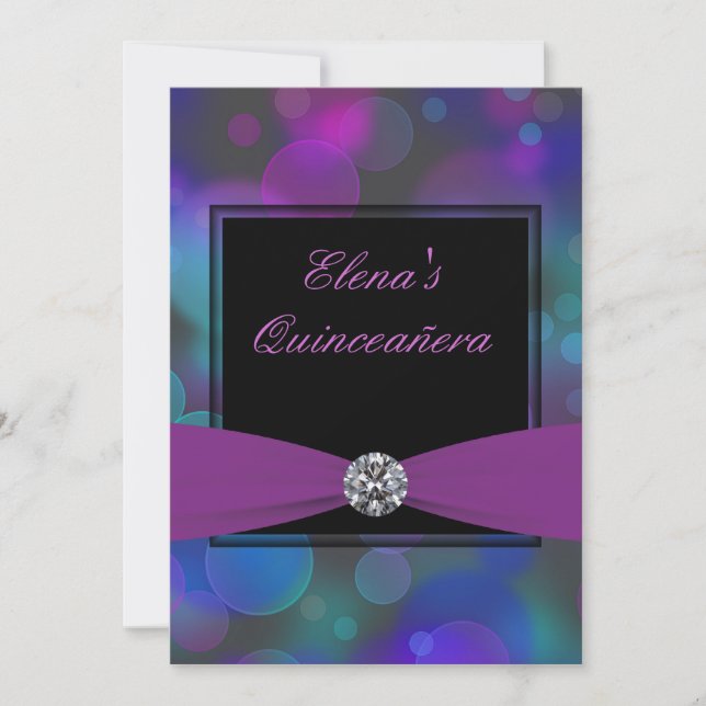 Invitación Quinceanera azul real y púrpura (Anverso)