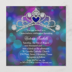 Invitación Quinceanera azul rosado y verde azulado púrpura