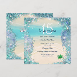 Invitación Quinceañera Azul Teal Arena Océano Playa Cumpleaño