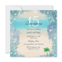 Quinceañera Azul Teal Arena Océano Playa Cumpleaño