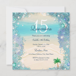 Invitación Quinceañera Azul Teal Arena Océano Playa Cumpleaño