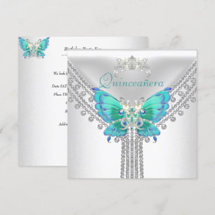 Invitación Quinceañera Azul Teal Blanco Mariposa Diamante 2