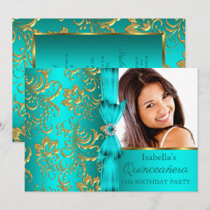 Invitación Quinceañera Azul Teal Dorado Damask Floral Foto