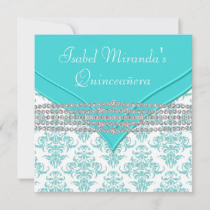 Invitación Quinceañera azul turquesa blanco damasco diamante