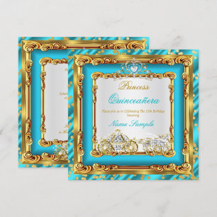 Invitación Quinceañera Azul Turquesa Dorado Diamante Carruaje