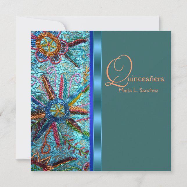 Invitación Quinceañera azul turquesa naranja con cuentas (Anverso)