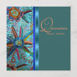 Invitación Quinceañera azul turquesa naranja con cuentas