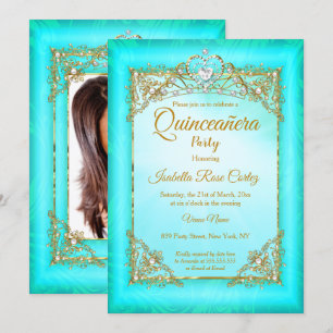 Invitación Quinceañera azul turquesa perla foto Tiara dorada 