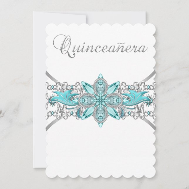 Invitación Quinceañera azul turquesa plateado (Anverso)
