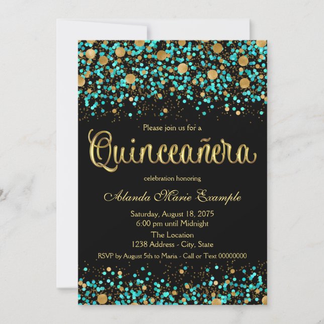 Invitación Quinceañera azul turquesa y dorado (Anverso)
