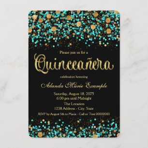 Invitación Quinceañera azul turquesa y dorado
