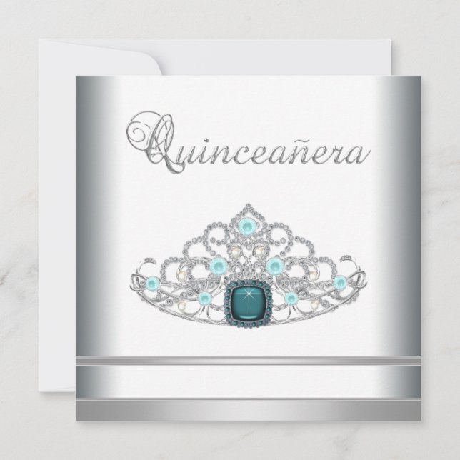 Invitación Quinceanera azul Verde azulado de Silver Tiara (Anverso)