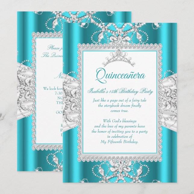 Invitación Quinceanera azul verde azulado Fiesta de cumpleaño (Anverso / Reverso)
