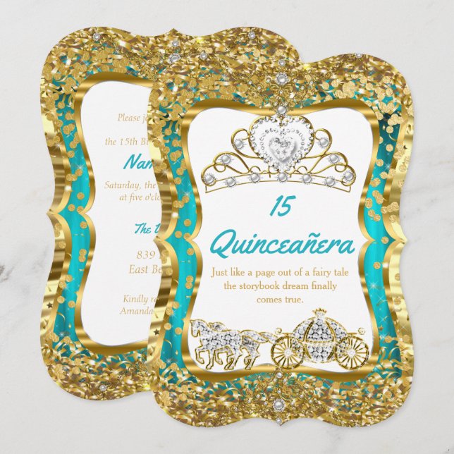 Invitación Quinceanera azul verde azulado Magia Tiara Gold 2 (Anverso / Reverso)