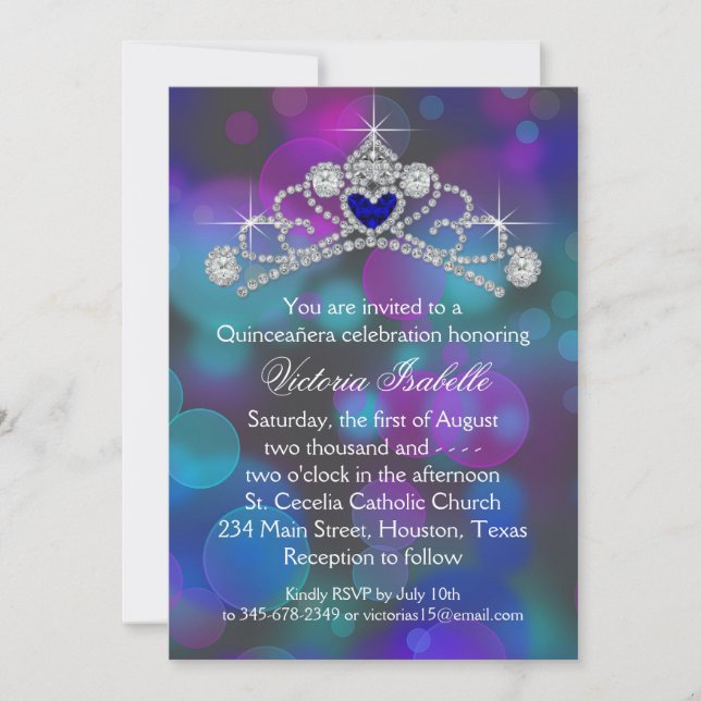 Invitación Quinceanera azul Verde azulado rosa morado (Anverso)