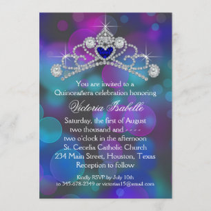 Invitación Quinceanera azul verde azulado rosado púrpura