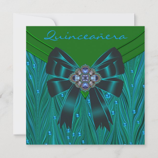 Invitación Quinceanera azul Verde azulado verde esmeralda (Anverso)