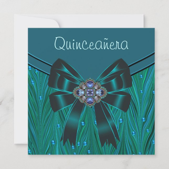 Invitación Quinceanera azul Verde azulado verde esmeralda (Anverso)