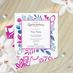 Invitación Quinceañera azul y magenta rosa