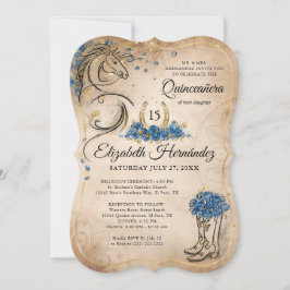 Invitación Quinceanera azul y oro Aniversario de la natalidad