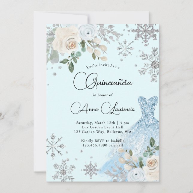 Invitación Quinceanera Azul Y Plata Floral De Invierno (Anverso)