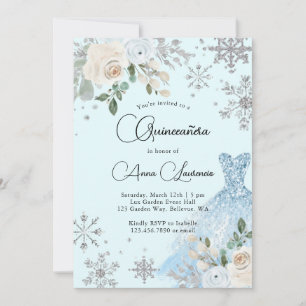 Invitación Quinceanera Azul Y Plata Floral De Invierno