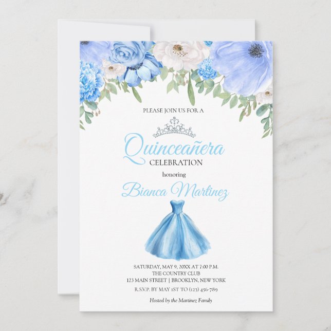 Invitación Quinceanera Baby Blue Dress Mis Quince (Anverso)