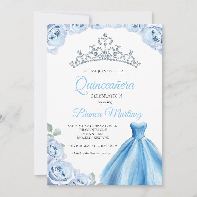 Invitación Quinceanera Baby Blue Dress Mis Quince (Anverso)