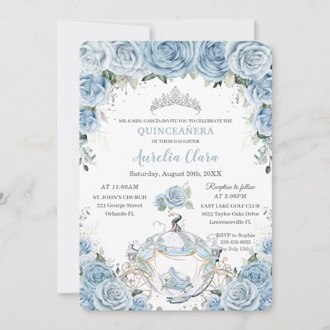 Invitación Quinceañera Baby Blue Floral Cinderella Coach (Anverso)