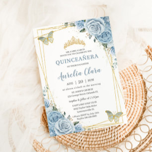 Invitación Quinceañera Baby Blue Floral Gold Butterflies 16
