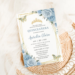 Invitación Quinceañera Baby Blue Floral Gold Butterflies 16