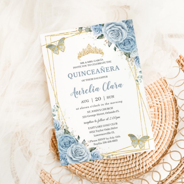 Invitación Quinceañera Baby Blue Floral Gold Butterflies 16 (Subido por el creador)